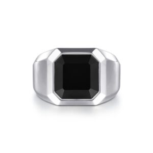 Gabriel Wide 925 Sterling Silver Signet Ring with Faceted Onyx Stone in Sand Blast Finish