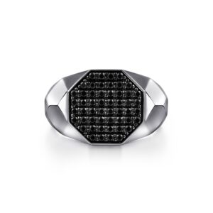 Gabriel Wide 925 Sterling Silver Faceted Signet Ring with Black Spinel Pavé in High Polished Finish