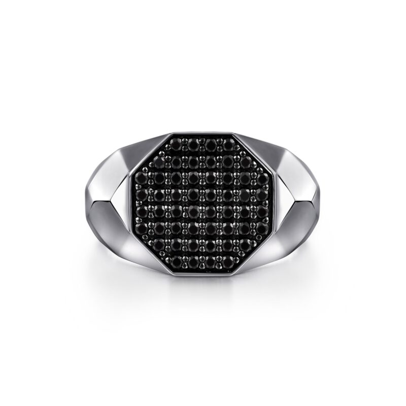 Gabriel Wide 925 Sterling Silver Faceted Signet Ring with Black Spinel Pavé in High Polished Finish