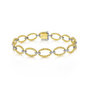 Gabriel 14K Yellow-White Gold Twisted Rope Oval Link Bracelet with Diamond Connectors Bracelets Bailey's Fine Jewelry