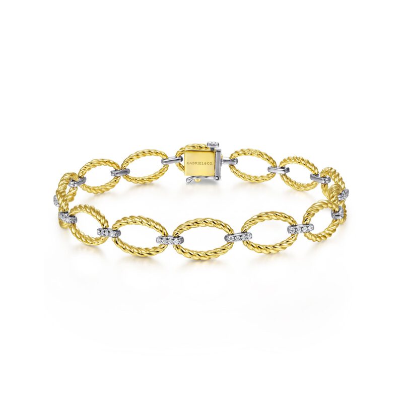 Gabriel 14K Yellow-White Gold Twisted Rope Oval Link Bracelet with Diamond Connectors