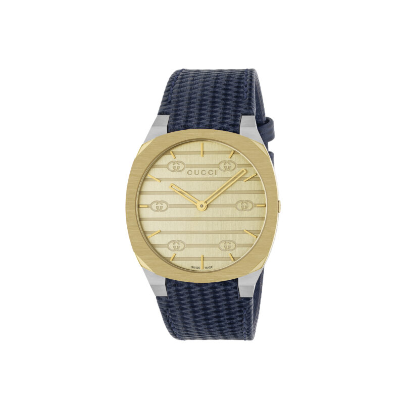 Gucci 25H 18K Gold Plated Blue Leather Watch