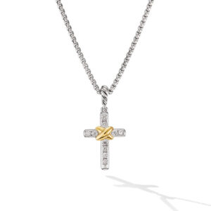 David Yurman Petite Cross Necklace in Sterling Silver with 18K Yellow Gold with Diamonds, 20.8mm DY Bailey's Fine Jewelry