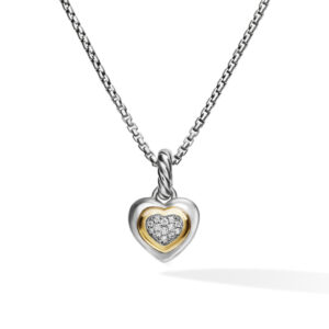 David Yurman Petite Cable Heart Pendant Necklace in Sterling Silver with 14K Yellow Gold and Diamonds, 17.1mm DY Bailey's Fine Jewelry