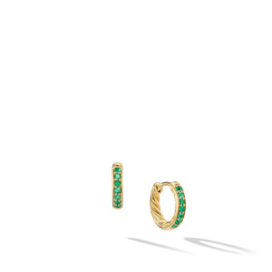 David Yurman Petite Pave Huggie Hoop Earrings in 18K Yellow Gold with Emeralds, 12mm DY Bailey's Fine Jewelry