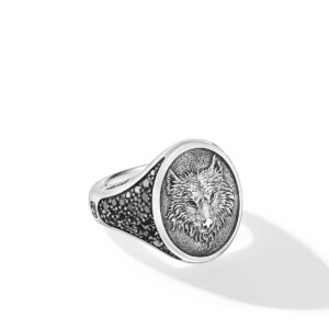 David Yurman Petrvs Wolf Signet Ring in Sterling Silver with Black Diamonds, 21.5mm DY Bailey's Fine Jewelry