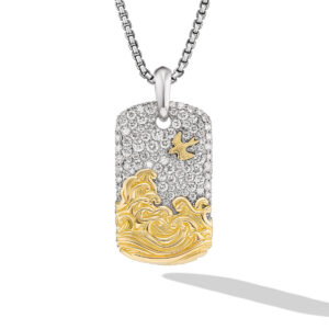 David Yurman Waves Tag in Sterling Silver with 18K Yellow Gold and Diamonds, 35mm DY Bailey's Fine Jewelry