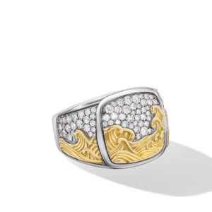 David Yurman Waves Signet Ring in Sterling Silver with 18K Yellow Gold and Diamonds, 18.8mm DY Bailey's Fine Jewelry