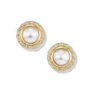 David Yurman Pearl Classics Cable Halo Button Earrings in 18K Yellow Gold with Diamonds, 18.8mm DY Bailey's Fine Jewelry