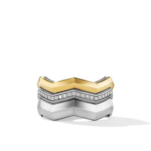 David Yurman Zig Zag Stax Three Row Ring in Sterling Silver with 18K Yellow Gold and Diamonds, 11.7mm DY Bailey's Fine Jewelry