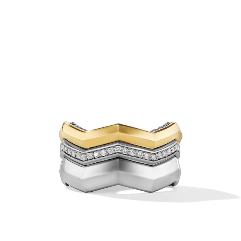 David Yurman Zig Zag Stax Three Row Ring in Sterling Silver with 18K Yellow Gold and Diamonds, 11.7mm