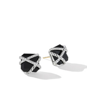 David Yurman Cable Wrap Stud Earrings in Sterling Silver with Black Onyx and Diamonds, 12mm DY Bailey's Fine Jewelry