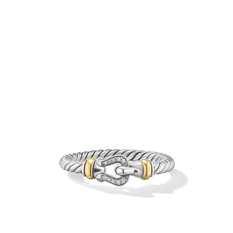 David Yurman Petite Buckle Ring in Sterling Silver with 18K Yellow Gold and Diamonds, 2mm