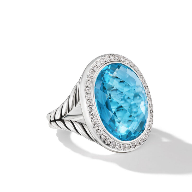 David Yurman Albion Oval Ring in Sterling Silver with Blue Topaz and Diamonds, 21mm