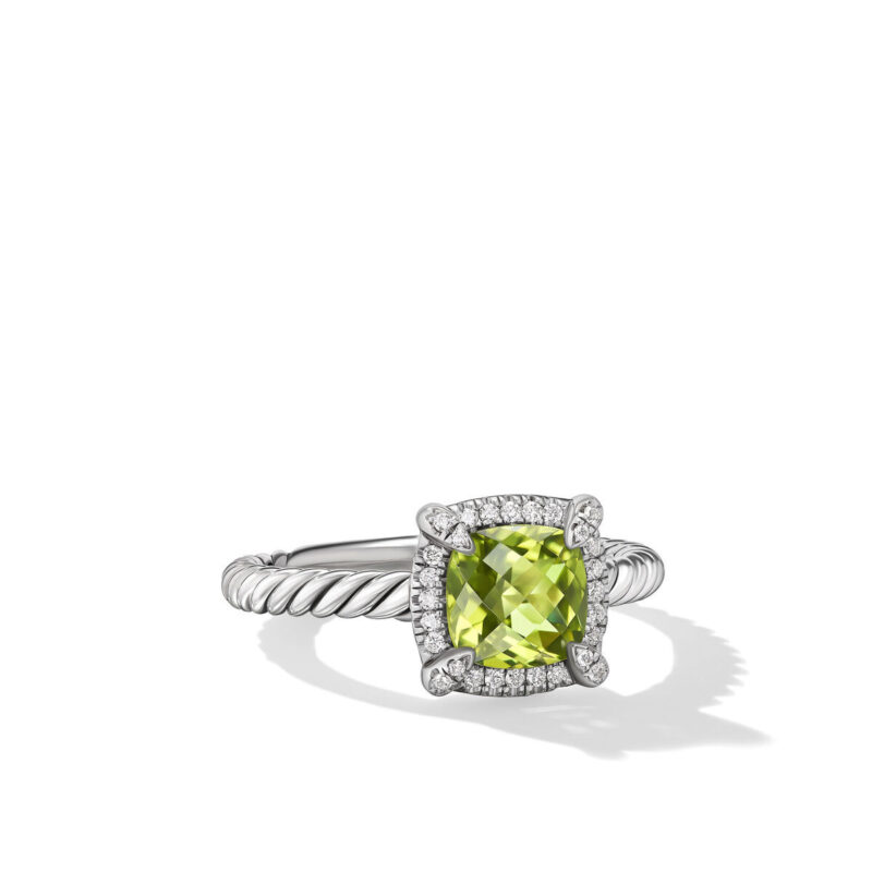 David Yurman Petite Chatelaine Pave Bezel Ring in Sterling Silver with Peridot and Diamonds, 7mm