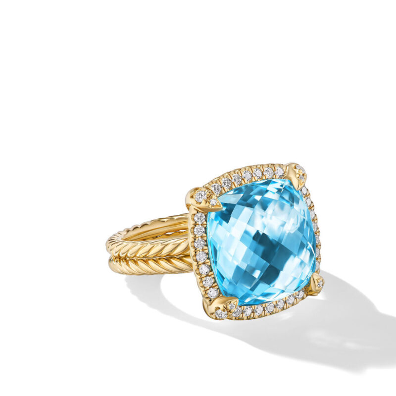 David Yurman Chatelaine Pave Bezel Ring in 18K Yellow Gold with Blue Topaz and Diamonds, 14mm