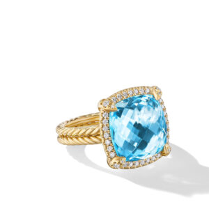 David Yurman Chatelaine Pavé Bezel Ring in 18K Yellow Gold with Blue Topaz and Diamonds, 14mm DY Bailey's Fine Jewelry