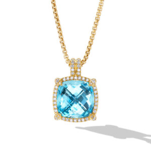 David Yurman Chatelaine® Pavé Bezel Pendant Necklace in 18K Yellow Gold with Blue Topaz and Diamonds, 14mm DY Bailey's Fine Jewelry