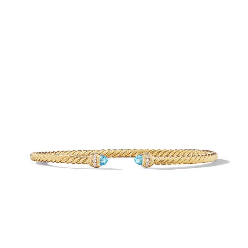 David Yurman Classic Cablespira® Bracelet in 18K Yellow Gold with Blue Topaz and Diamonds, 3mm