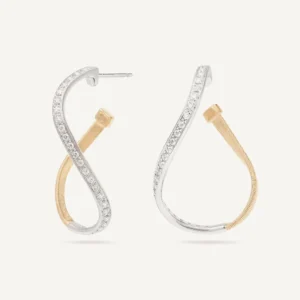 Marco Bicego Marrakech 18K Yellow Gold Twisted Irregular Small Hoops with Diamond Pave Earrings Bailey's Fine Jewelry
