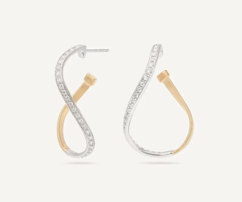 Marco Bicego Marrakech 18K Yellow Gold Twisted Irregular Small Hoops with Diamond Pave